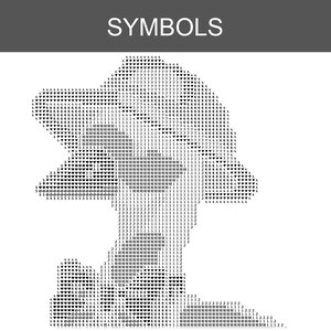 May include: A black and white graphic resembling a map, constructed from symbols such as hearts, triangles, and numbers. The word "SYMBOLS" is shown in a grey banner at the top. The symbols are arranged to create a textured appearance.