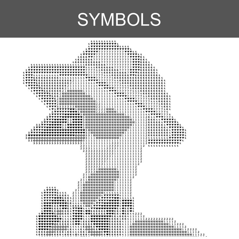 May include: A black and white graphic resembling a map, constructed from symbols such as hearts, triangles, and numbers. The word "SYMBOLS" is shown in a grey banner at the top. The symbols are arranged to create a textured appearance.