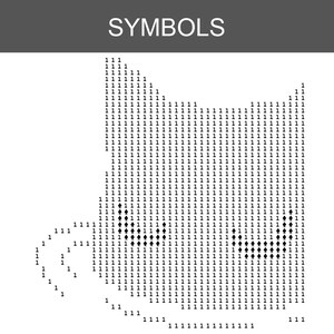 K&ouml;nnte beinhalten: Ein schwarz-wei&szlig;es Musterdiagramm mit dem Titel SYMBOLS, das eine Katzensilhouette zeigt, die aus der Zahl 1 und Pik-Symbolen besteht. Das Design ist auf einem Raster angeordnet und bildet den Umriss eines Katzenkopfes mit Ohren und Schwanz.