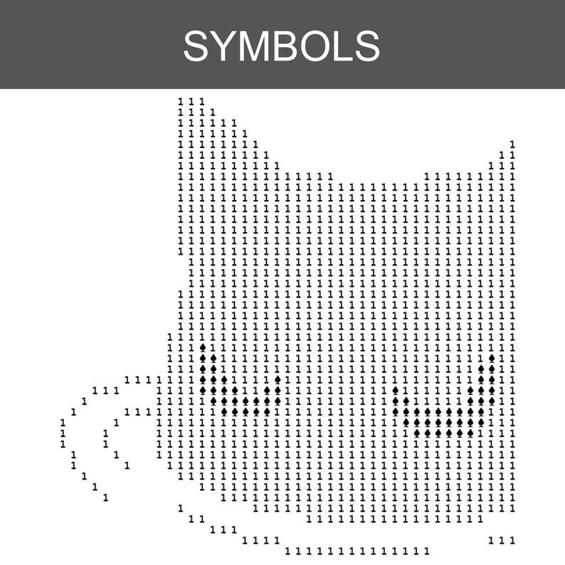 K&ouml;nnte beinhalten: Ein schwarz-wei&szlig;es Musterdiagramm mit dem Titel SYMBOLS, das eine Katzensilhouette zeigt, die aus der Zahl 1 und Pik-Symbolen besteht. Das Design ist auf einem Raster angeordnet und bildet den Umriss eines Katzenkopfes mit Ohren und Schwanz.