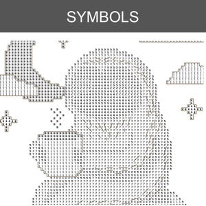 May include: A cross-stitch pattern chart labeled SYMBOLS at the top, featuring a grid filled with alphanumeric characters including numbers 1, 4, 5, 7, and letters B, C, D. The grid outlines a central figure with surrounding cloud and star shapes.
