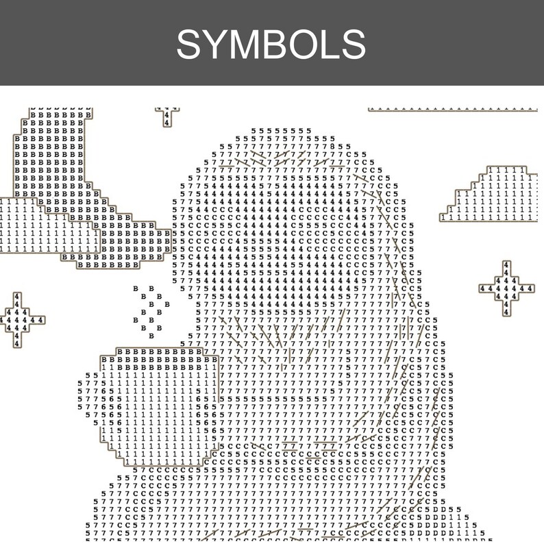 May include: A cross-stitch pattern chart labeled SYMBOLS at the top, featuring a grid filled with alphanumeric characters including numbers 1, 4, 5, 7, and letters B, C, D. The grid outlines a central figure with surrounding cloud and star shapes.