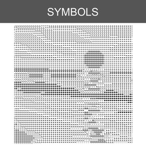 Pu&ograve; includere: Un motivo a griglia in bianco e nero con la parola SYMBOLS nella parte superiore. La griglia &egrave; composta da forme geometriche ripetitive, tra cui piccoli triangoli, segni pi&ugrave;, cuori e lettere, disposti in una matrice densa e uniforme.