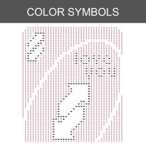 Pu&ograve; includere: Una griglia quadrata bianca con il testo COLOR SYMBOLS in alto in un'intestazione grigio scuro. La griglia &egrave; riempita con il numero 1 in rosso scuro, intervallato da frecce nere rivolte verso destra, formando una forma astratta distinta.