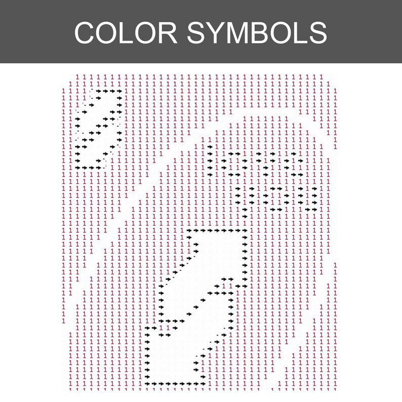 Pu&ograve; includere: Una griglia quadrata bianca con il testo COLOR SYMBOLS in alto in un'intestazione grigio scuro. La griglia &egrave; riempita con il numero 1 in rosso scuro, intervallato da frecce nere rivolte verso destra, formando una forma astratta distinta.