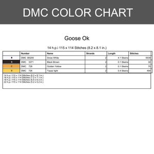 Puede incluir: Una tabla de colores DMC con el texto "DMC COLOR CHART" en la parte superior. La tabla incluye nombres de colores, n&uacute;meros y recuentos de puntadas. La tabla est&aacute; etiquetada como "Goose Ok" y enumera las puntadas en pulgadas.