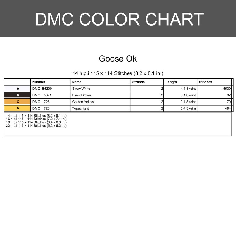 Puede incluir: Una tabla de colores DMC con el texto "DMC COLOR CHART" en la parte superior. La tabla incluye nombres de colores, n&uacute;meros y recuentos de puntadas. La tabla est&aacute; etiquetada como "Goose Ok" y enumera las puntadas en pulgadas.