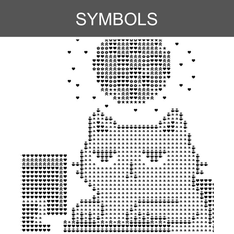 Puede incluir: Un patr&oacute;n de punto de cruz en blanco y negro titulado SYMBOLS que muestra una figura con forma de gato compuesta por peque&ntilde;os iconos como letras, corazones, tazas de caf&eacute; y formas geom&eacute;tricas, con un motivo circular sobre el gato.
