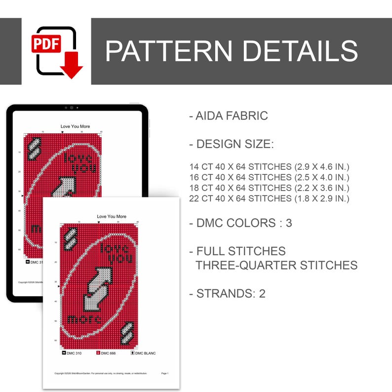 Pu&ograve; includere: Uno schema digitale a punto croce intitolato Love You More, con un design a carta rossa con frecce e testo bianchi. I dettagli includono tipi di tela Aida, dimensioni del disegno da 7,4 x 11,7 cm a 4,6 x 7,4 cm, 3 colori DMC e tipi di punto.