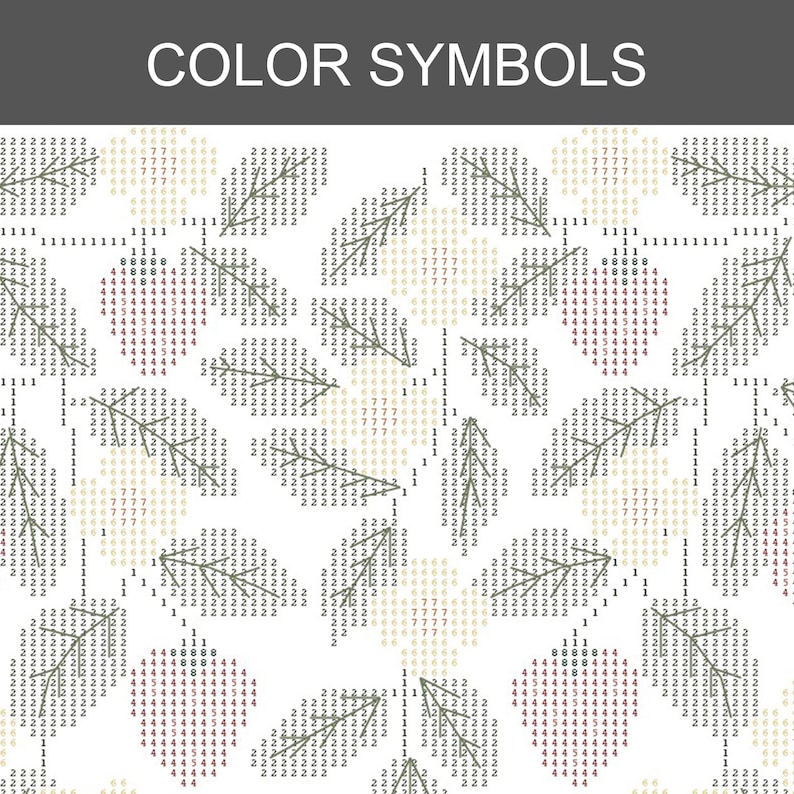 May include: A cross-stitch pattern chart titled COLOR SYMBOLS featuring a repeating grid of numbers and symbols. The design displays leaf shapes outlined in dark lines, filled with numbers 1, 2, 4, 7, and 8, representing specific thread colors.