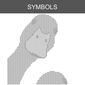 May include: A graphic print featuring the word SYMBOLS in white text on a dark gray horizontal bar at the top. Below, a black and white dot matrix pattern forms the silhouette of a person's head and shoulders, composed of small circular dots.