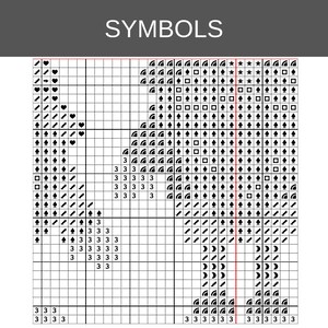 Op de afbeelding: Een zwart-wit kruissteekpatroon met de titel SYMBOLS, bestaande uit een raster gevuld met diverse geometrische iconen, speelkaartsymbolen en het cijfer 3, gerangschikt in duidelijke secties om de plaatsing van het borduurgaren te begeleiden.