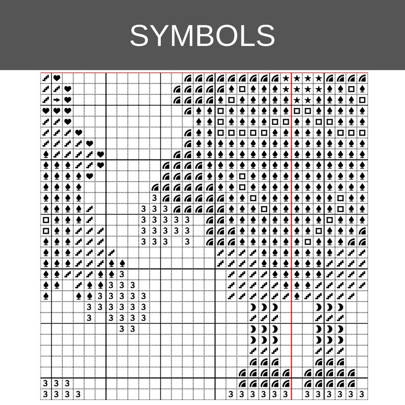 Op de afbeelding: Een zwart-wit kruissteekpatroon met de titel SYMBOLS, bestaande uit een raster gevuld met diverse geometrische iconen, speelkaartsymbolen en het cijfer 3, gerangschikt in duidelijke secties om de plaatsing van het borduurgaren te begeleiden.