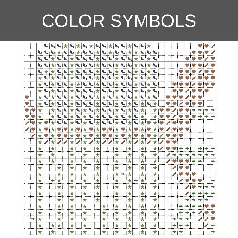 May include: A cross-stitch pattern chart titled COLOR SYMBOLS, featuring a grid layout with black lines. The grid contains repeating symbols including green stars, black whale icons, brown hearts, brown stair-step shapes, and green arrows.