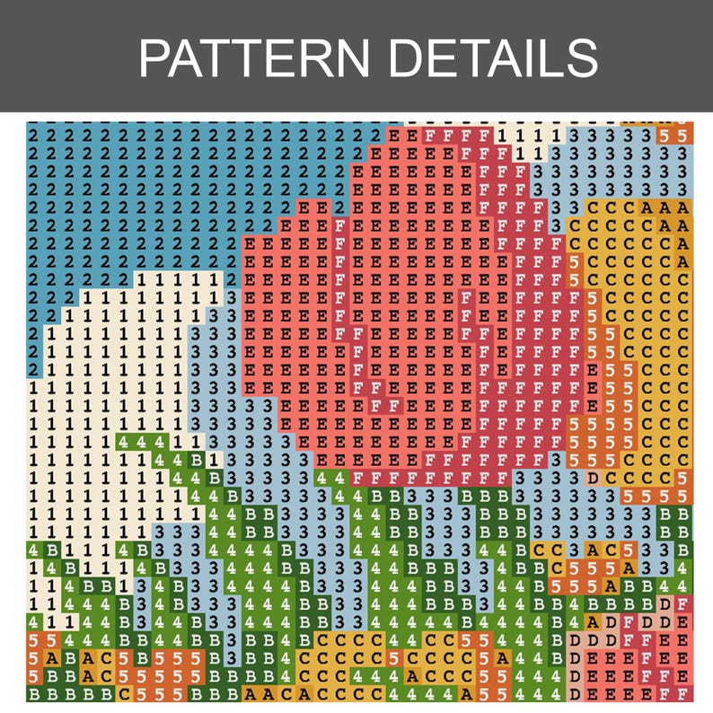 K&ouml;nnte beinhalten: Ein pixeliges Muster mit dem Text "PATTERN DETAILS" oben. Das Muster besteht aus farbigen Quadraten, darunter Blaut&ouml;ne, Gr&uuml;n, Rot, Orange und Gelb. Das Design &auml;hnelt Kreuzstich oder Pixelkunst.