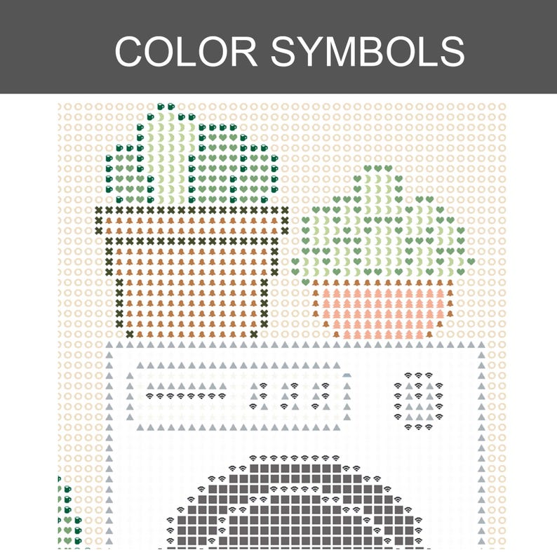 Puede incluir: Un patr&oacute;n de punto de cruz titulado COLOR SYMBOLS que muestra dos plantas en macetas y una lavadora. El dise&ntilde;o utiliza varios s&iacute;mbolos como corazones, campanas e iconos de Wi-Fi en tonos verdes, marrones, rosas y grises sobre una cuadr&iacute;cula.