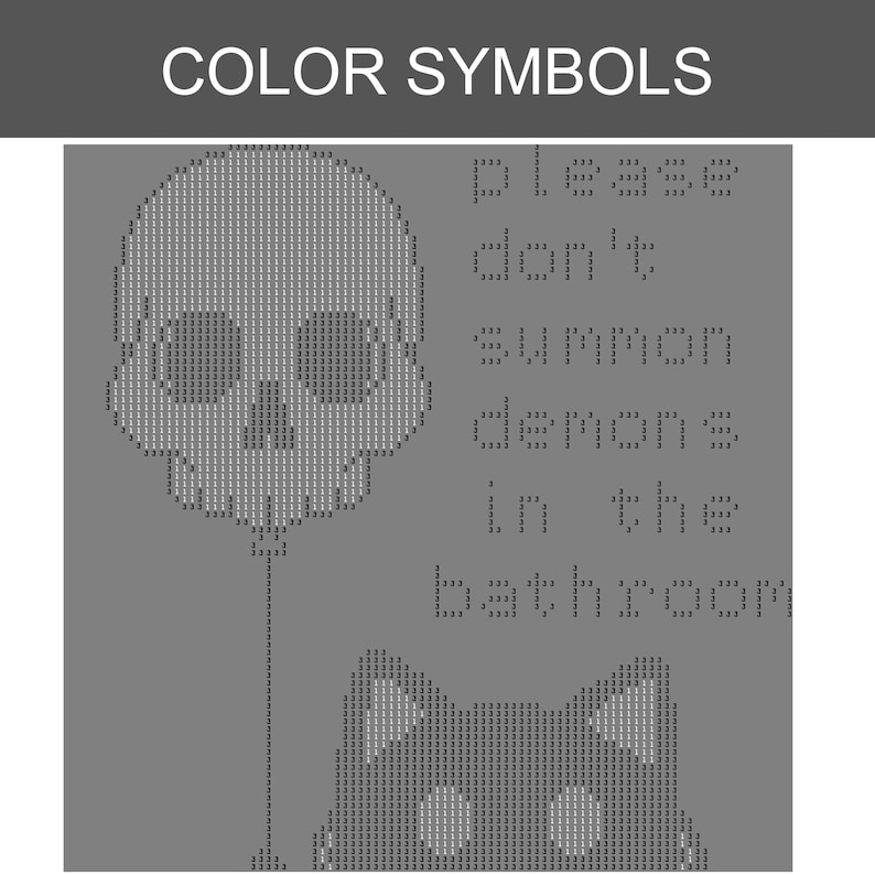 May include: A grey cross-stitch pattern titled COLOR SYMBOLS featuring a skull-shaped balloon and a cat head. The text reads: please don't summon demons in the bathroom. The design is composed of small numbered grid squares on a solid grey background.
