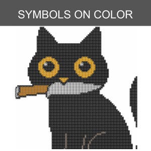 May include: A cross-stitch pattern featuring a black cat with large yellow eyes and a small orange nose. The cat is holding a white knife with a brown handle in its mouth. The text SYMBOLS ON COLOR is displayed in white at the top of the image.