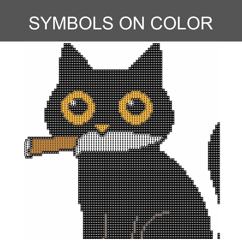 May include: A cross-stitch pattern featuring a black cat with large yellow eyes and a small orange nose. The cat is holding a white knife with a brown handle in its mouth. The text SYMBOLS ON COLOR is displayed in white at the top of the image.