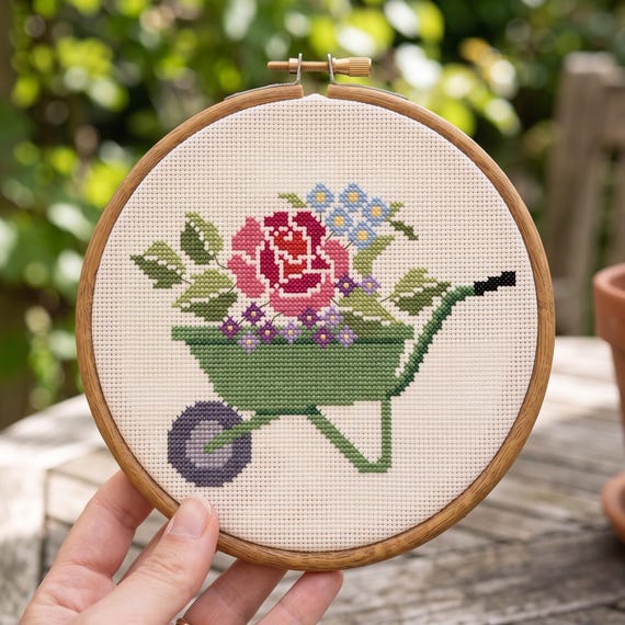 Floral Wheelbarrow Cross Stitch Pattern, Flowers Needlepoint Chart, Digital Download PDF