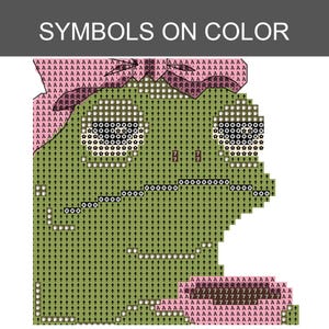 Op de afbeelding: Een kruissteekpatroon met de titel SYMBOLS ON COLOR met een gepixelde groene kikker. Het ontwerp gebruikt verschillende symbolen zoals pijlen, koffiekopjes, bloemen en de letter A op een raster om de kleuren voor het borduurwerk aan te duiden.