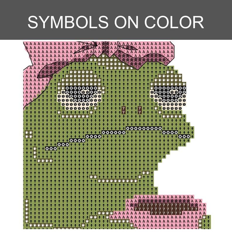 Op de afbeelding: Een kruissteekpatroon met de titel SYMBOLS ON COLOR met een gepixelde groene kikker. Het ontwerp gebruikt verschillende symbolen zoals pijlen, koffiekopjes, bloemen en de letter A op een raster om de kleuren voor het borduurwerk aan te duiden.