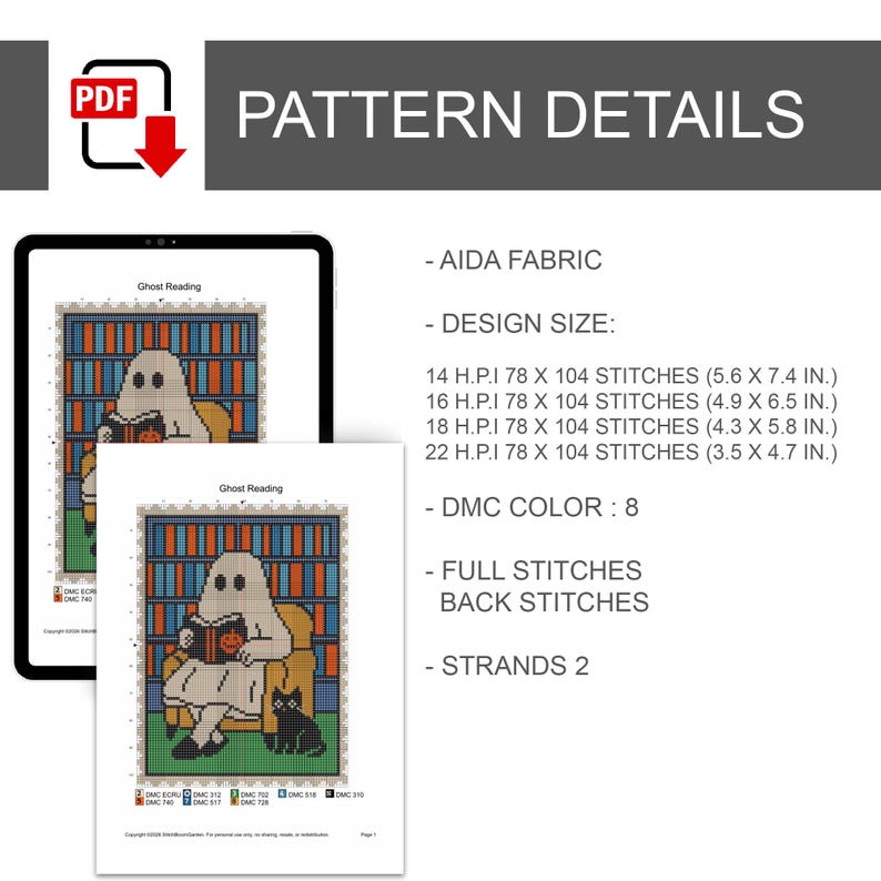 K&ouml;nnte beinhalten: Ein Kreuzstichmuster mit dem Titel "Ghost Reading", das einen Geist zeigt, der ein Buch mit einem K&uuml;rbis auf dem Einband liest und in einem Stuhl sitzt. Das Design umfasst eine schwarze Katze und einen B&uuml;cherregal-Hintergrund. Musterdetails werden ebenfalls angezeigt.