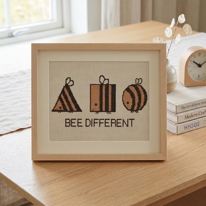May include: A framed cross-stitch embroidery featuring three geometric bee shapes in black and tan, including a triangle, a square, and a circle. Below the bees, the text reads "BEE DIFFERENT" in black capital letters on a light fabric background.