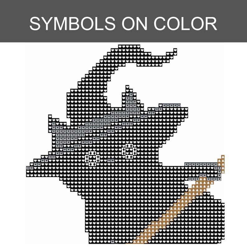 Puede incluir: Un patr&oacute;n de punto de cruz que muestra un sombrero de bruja y una escoba, con el texto SYMBOLS ON COLOR. El dise&ntilde;o utiliza s&iacute;mbolos de coraz&oacute;n negros para la forma principal, cuadrados grises para detalles y tri&aacute;ngulos beige para el mango.