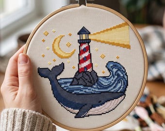 Whale Lighthouse Cross Stitch Pattern PDF, Nautical Moon Xstitch, Ocean Whale, Beach House Decor, Coastal Embroidery, Pattern Keeper