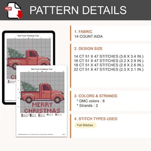 May include: A cross-stitch pattern document titled Red Truck Christmas Tree featuring a red truck with a green tree in the bed and the text Merry Christmas. The document lists 14 count Aida fabric, design sizes from 3.6 x 3.4 inches to 2.3 x 2.1 inches, 8 DMC colors, 2 strands, and full stitches.