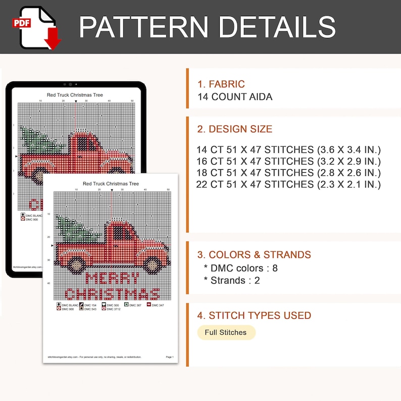 May include: A cross-stitch pattern document titled Red Truck Christmas Tree featuring a red truck with a green tree in the bed and the text Merry Christmas. The document lists 14 count Aida fabric, design sizes from 3.6 x 3.4 inches to 2.3 x 2.1 inches, 8 DMC colors, 2 strands, and full stitches.