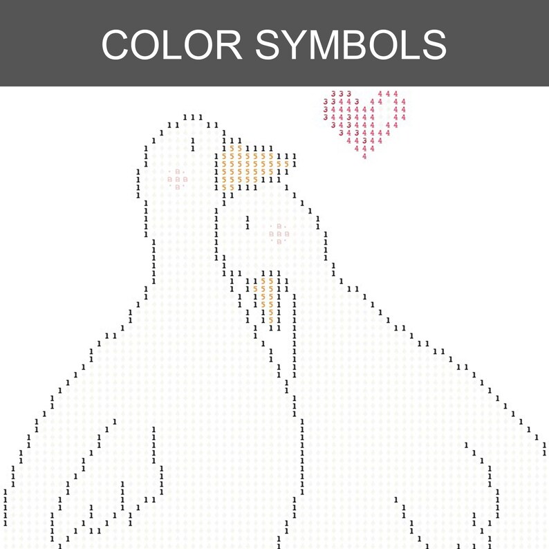 Puede incluir: Imagen con el texto "COLOR SYMBOLS" en la parte superior. Debajo, una imagen pixelada de dos palomas y un coraz&oacute;n, creada con n&uacute;meros y varios colores. Las palomas son principalmente blancas, con algunos detalles en beige y negro. El coraz&oacute;n es rosa.