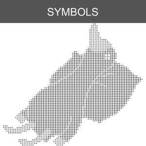 May include: A black and white graphic of a land mass composed of small, black, vertical lines and dots. The word "SYMBOLS" is in white text on a gray background at the top of the image.