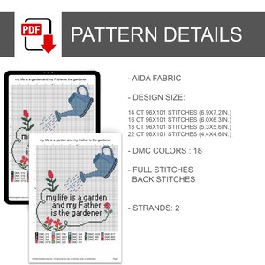 Op de afbeelding: Een digitaal kruissteekpatroon met een blauwe gieter, rode bloemen en de tekst 'my life is a garden and my Father is the gardener'. Details omvatten Aida-stof, 18 DMC-kleuren, volledige steken, stiksteken en 2 draden voor het borduurwerk.