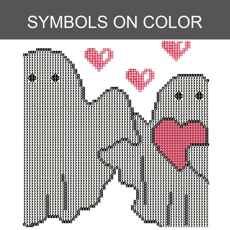 Pode incluir: Um padr&atilde;o de ponto cruz intitulado SYMBOLS ON COLOR apresentando duas figuras semelhantes a fantasmas delineadas com s&iacute;mbolos pretos num fundo branco. As figuras s&atilde;o rodeadas por tr&ecirc;s cora&ccedil;&otilde;es cor-de-rosa, com um cora&ccedil;&atilde;o rosa s&oacute;lido no fantasma da direita.