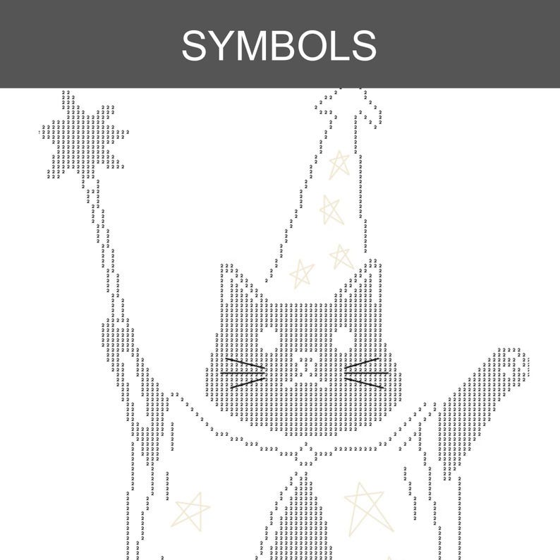 May include: A paint-by-number pattern labelled SYMBOLS featuring a cat wearing a pointed hat decorated with stars. The cat holds a star-tipped wand in one raised paw. The design is composed of numerous small number twos arranged to form the image.