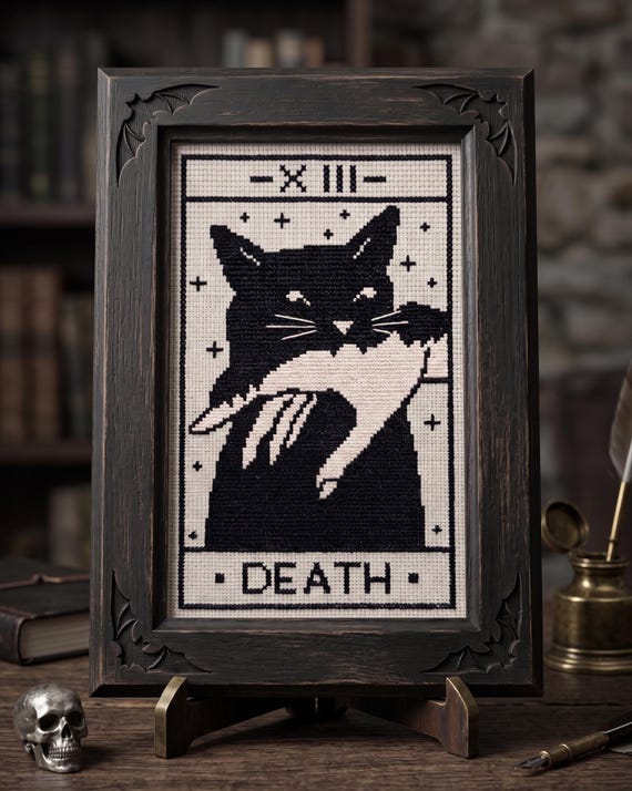 Death Tarot Black Cat Cross Stitch Pattern | Gothic Needlepoint | Instant Download
