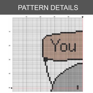 K&ouml;nnte beinhalten: Ein Kreuzstichmuster-Diagramm auf einem wei&szlig;en Rasterhintergrund mit dem Text PATTERN DETAILS oben. Das Gitter zeigt schwarze, beige und graue Quadrate mit den Buchstaben N, C und 2, die ein Teilmuster bilden, das das Wort YOU enth&auml;lt.