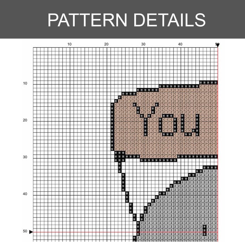 K&ouml;nnte beinhalten: Ein Kreuzstichmuster-Diagramm auf einem wei&szlig;en Rasterhintergrund mit dem Text PATTERN DETAILS oben. Das Gitter zeigt schwarze, beige und graue Quadrate mit den Buchstaben N, C und 2, die ein Teilmuster bilden, das das Wort YOU enth&auml;lt.