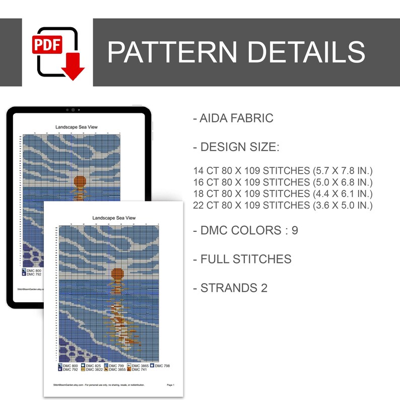 Pu&ograve; includere: Uno schema digitale a punto croce intitolato Landscape Sea View, raffigurante un tramonto sull'acqua. I dettagli includono tessuto Aida, 9 colori DMC, punti pieni, 2 fili e dimensioni per tela 14, 16, 18, 22 count da 9,1x12,7 a 14,5x19,8 cm.