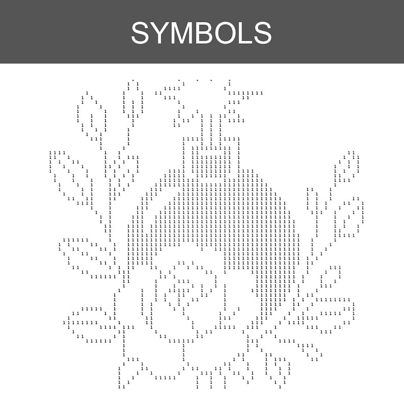 K&ouml;nnte beinhalten: Ein schwarz-wei&szlig;es Muster mit der Aufschrift SYMBOLS, das ein florales Design zeigt, das vollst&auml;ndig aus der Zahl 1 besteht. Die Grafik zeigt eine zentrale Bl&uuml;tenknospe, flankiert von zwei bebl&auml;tterten Stielen, alles im Punktmatrix-Stil.