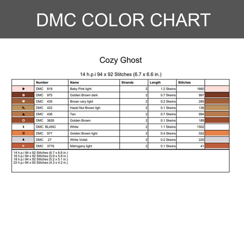 Peut inclure: Un tableau de couleurs DMC pour un mod&egrave;le de point de croix intitul&eacute; Cozy Ghost. Le tableau indique les num&eacute;ros de fils, les noms, le nombre de brins, les longueurs d'&eacute;chevettes et le nombre de points pour des couleurs comme rose b&eacute;b&eacute;, brun dor&eacute;, beige, blanc et acajou clair.