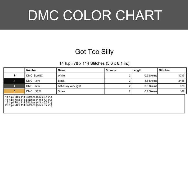 Pode incluir: Um gr&aacute;fico de cores DMC intitulado "DMC COLOR CHART" com o texto "Got Too Silly". O gr&aacute;fico lista as cores das linhas, incluindo branco, preto, cinza cinza e palha. As medidas s&atilde;o fornecidas em cm.
