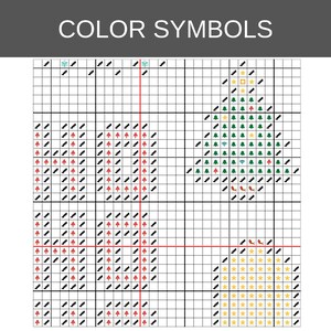 Op de afbeelding: Een kruissteekpatroon met de titel COLOR SYMBOLS op een raster met zwarte lijnen. Het ontwerp bevat herhalende symbolen van rode bomen, groene bomen, gele sterren en lichtblauwe sneeuwvlokken gerangschikt in cirkelvormige en driehoekige patronen.