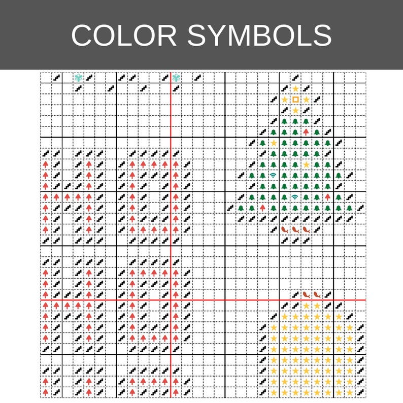 Op de afbeelding: Een kruissteekpatroon met de titel COLOR SYMBOLS op een raster met zwarte lijnen. Het ontwerp bevat herhalende symbolen van rode bomen, groene bomen, gele sterren en lichtblauwe sneeuwvlokken gerangschikt in cirkelvormige en driehoekige patronen.