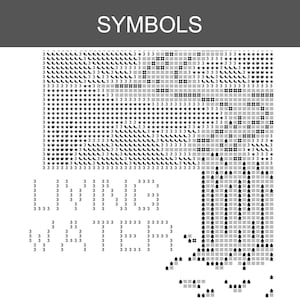 K&ouml;nnte beinhalten: Ein schwarz-wei&szlig;es Kreuzstichmuster-Diagramm mit dem Titel SYMBOLS, das ein Raster aus verschiedenen Symbolen, Zahlen und Zeichen zeigt. Unter dem Raster bilden die Ziffern 3 die W&ouml;rter LIVING WATER in einer klaren, gut lesbaren Blockschrift.