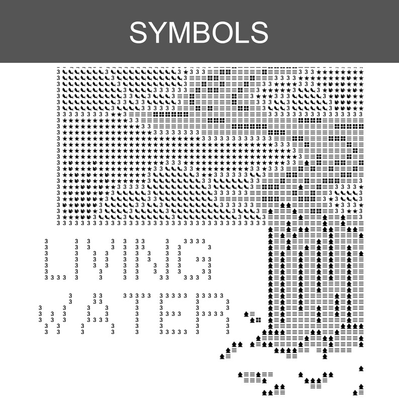 K&ouml;nnte beinhalten: Ein schwarz-wei&szlig;es Kreuzstichmuster-Diagramm mit dem Titel SYMBOLS, das ein Raster aus verschiedenen Symbolen, Zahlen und Zeichen zeigt. Unter dem Raster bilden die Ziffern 3 die W&ouml;rter LIVING WATER in einer klaren, gut lesbaren Blockschrift.