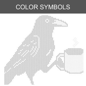 Op de afbeelding: Een kleurensymboolkaart met het silhouet van een raaf die een mok vasthoudt met opstijgende stoom. Het ontwerp bestaat uit herhalende cijfers en symbolen, met de tekst COLOR SYMBOLS bovenaan in het wit weergegeven.