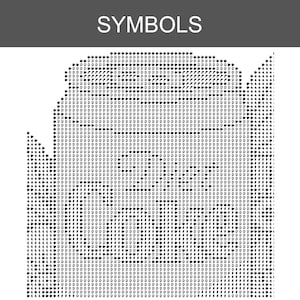 May include: A cross-stitch pattern chart labeled SYMBOLS at the top, featuring a grid of black characters including the letter D, stars, and the number 4 on a white background, organized to guide the placement of stitches for a needlework project.